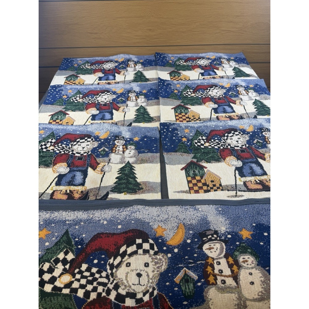 VTG Set of 6 Christmas Bear Skiing Snow Scene Placemats w/ Matching Rug